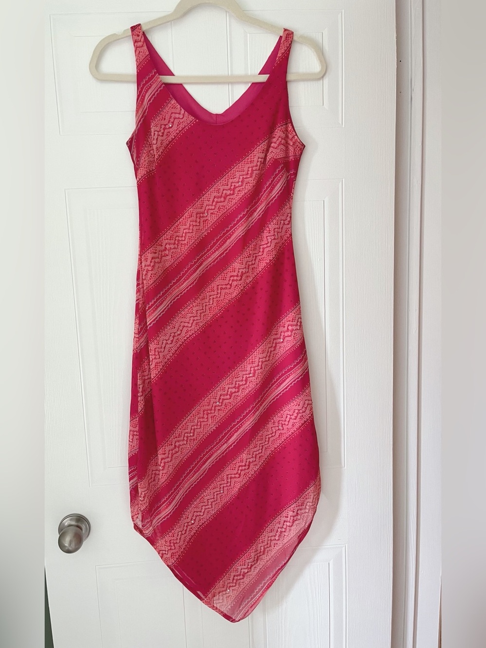 Vintage Y2K Le Chateau Fuchsia Handkerchief Hem Midi Dress